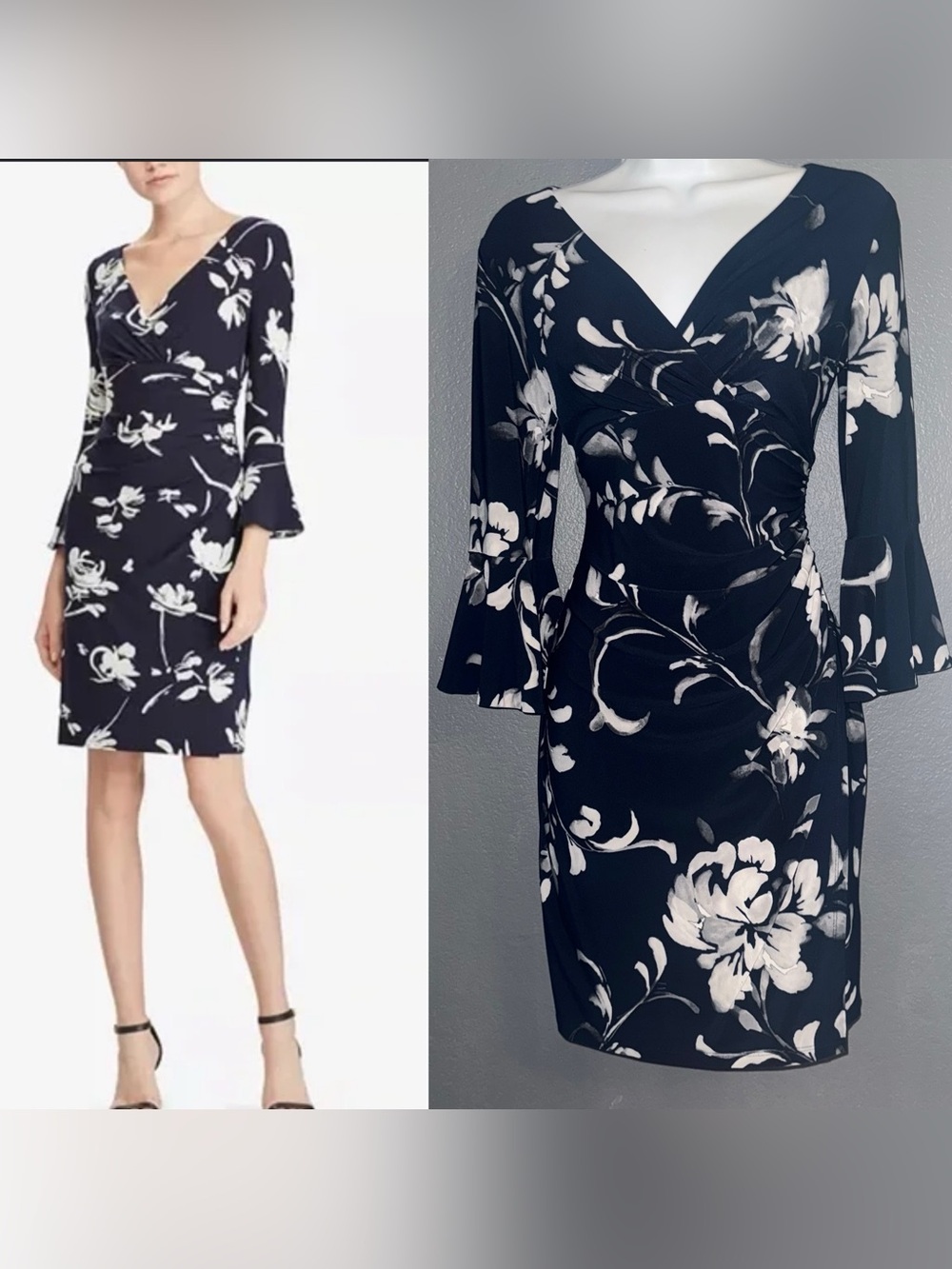 Lauren Ralph Lauren Navy Blue White Floral V-Neck Bell Sleeve Dress Womens Small
